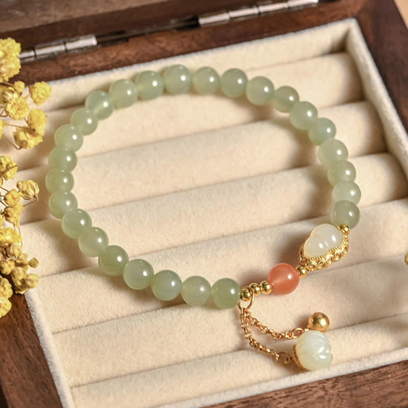 EverestArtstudios 925 Sterling Silver Hetian Jade Gourd Lotus Abundance Luck Bracelet