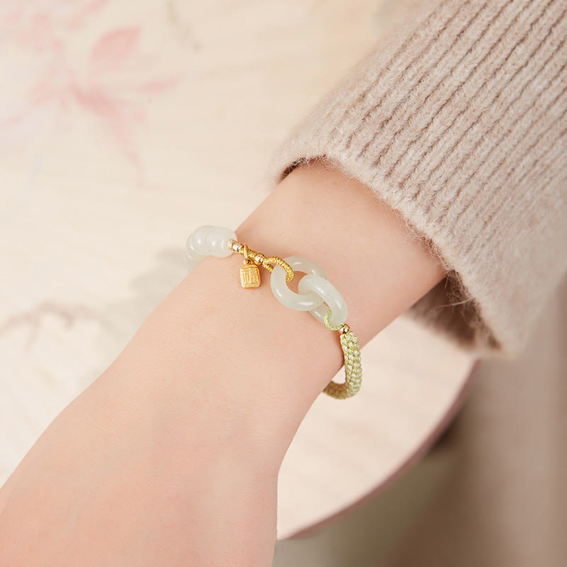 EverestArtstudios Natural Hetian Jade Bead Double Peace Buckle Fu Character Abundance Braided Bracelet