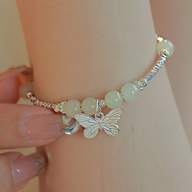 EverestArtstudios 925 Sterling Silver Natural Hetian Jade Luck Butterfly Charm Bracelet