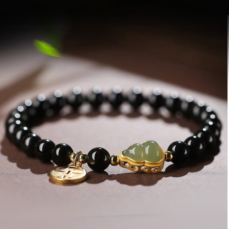 EverestArtstudios Natural Black Obsidian Hetian Jade Gourd Double Happiness Strength Bracelet
