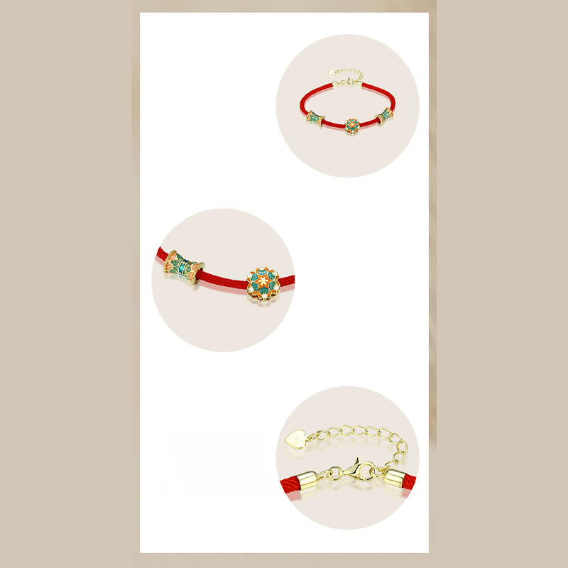 EverestArtStudios Dunhuang 925 Sterling Silver Lotus Drum New Beginning Red Cord Bracelet