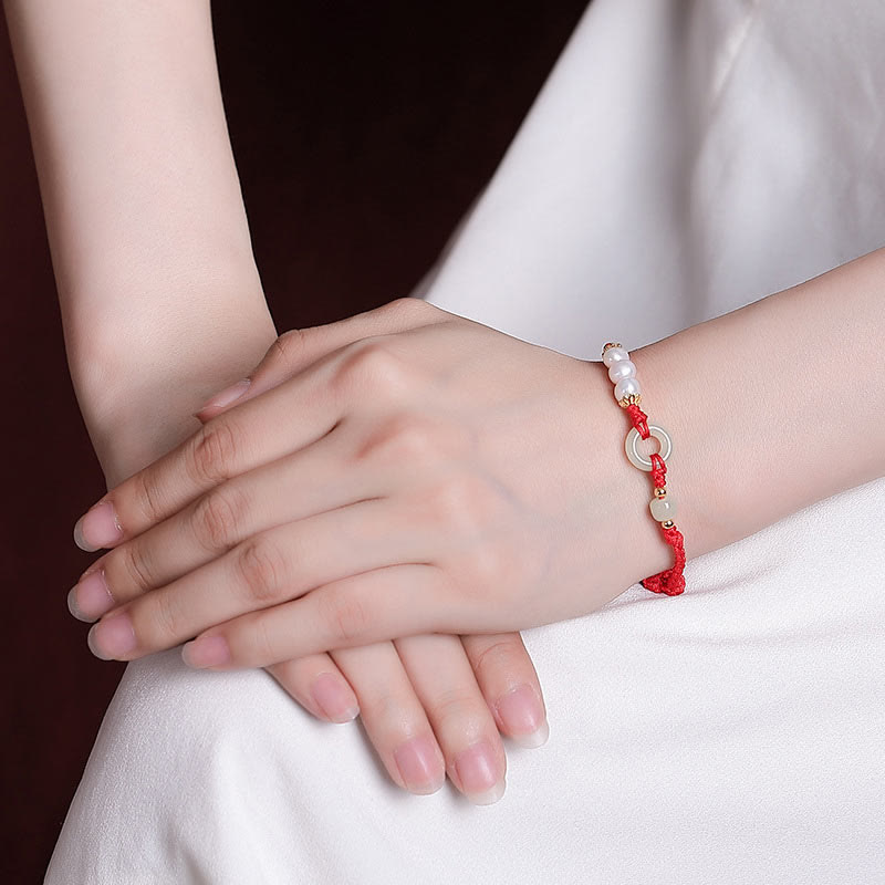EverestArtstudios 925 Sterling Silver Plated Gold Hetian Jade Peace Buckle Pearl Luck Bracelet