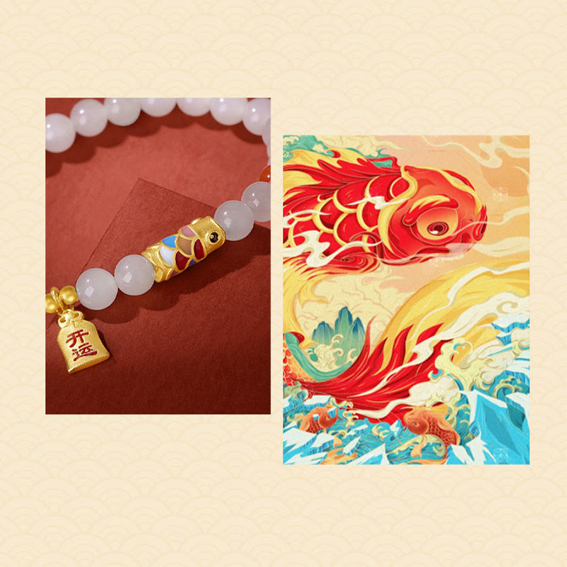 EverestArtstudios 925 Sterling Silver Hetian White Jade Red Agate Koi Fish Luck Happiness Bracelet
