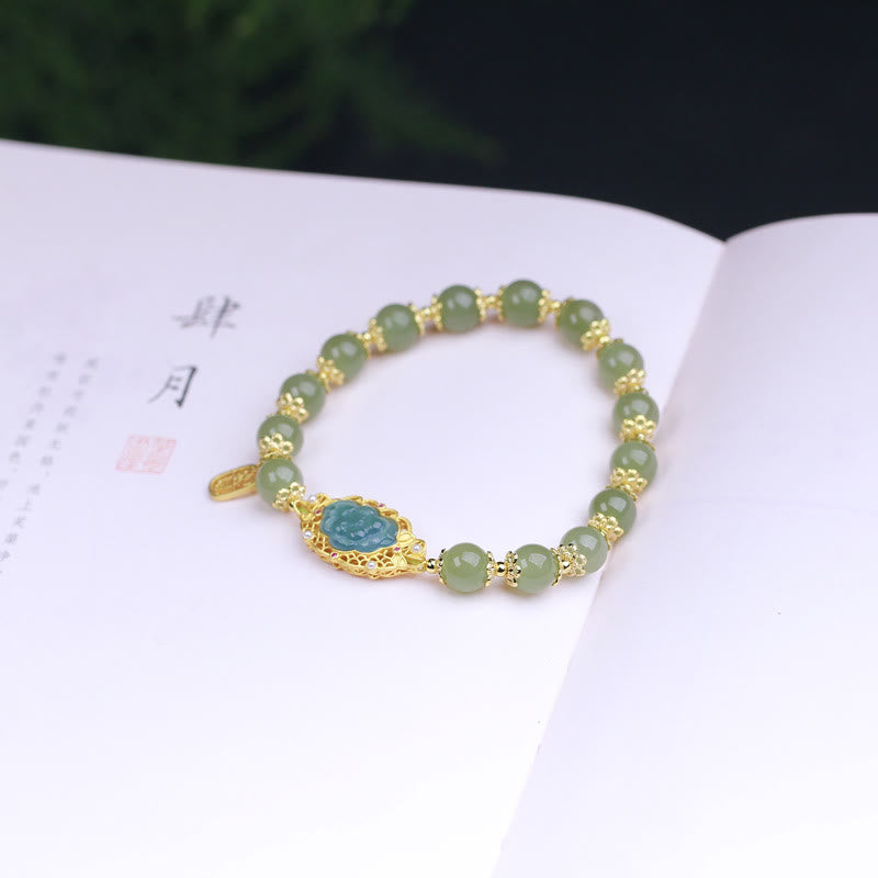 EverestArtstudios 925 Sterling Silver Plated 14K Gold Hetian Jade Lotus Luck Bracelet