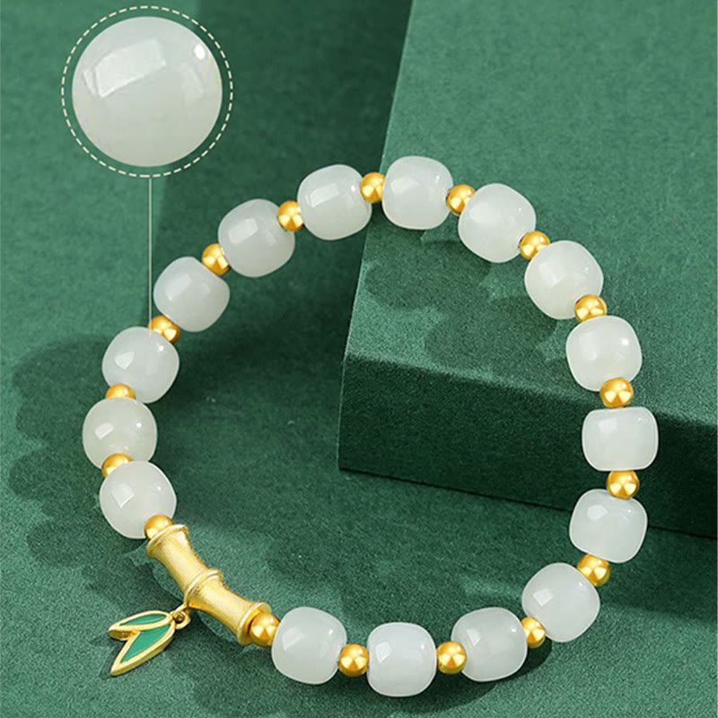 EverestArtstudios 925 Sterling Silver Hetian White Jade Bamboo Luck Bracelet
