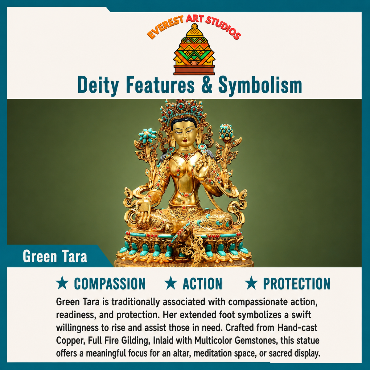 Green Tara deity and symbolism information card