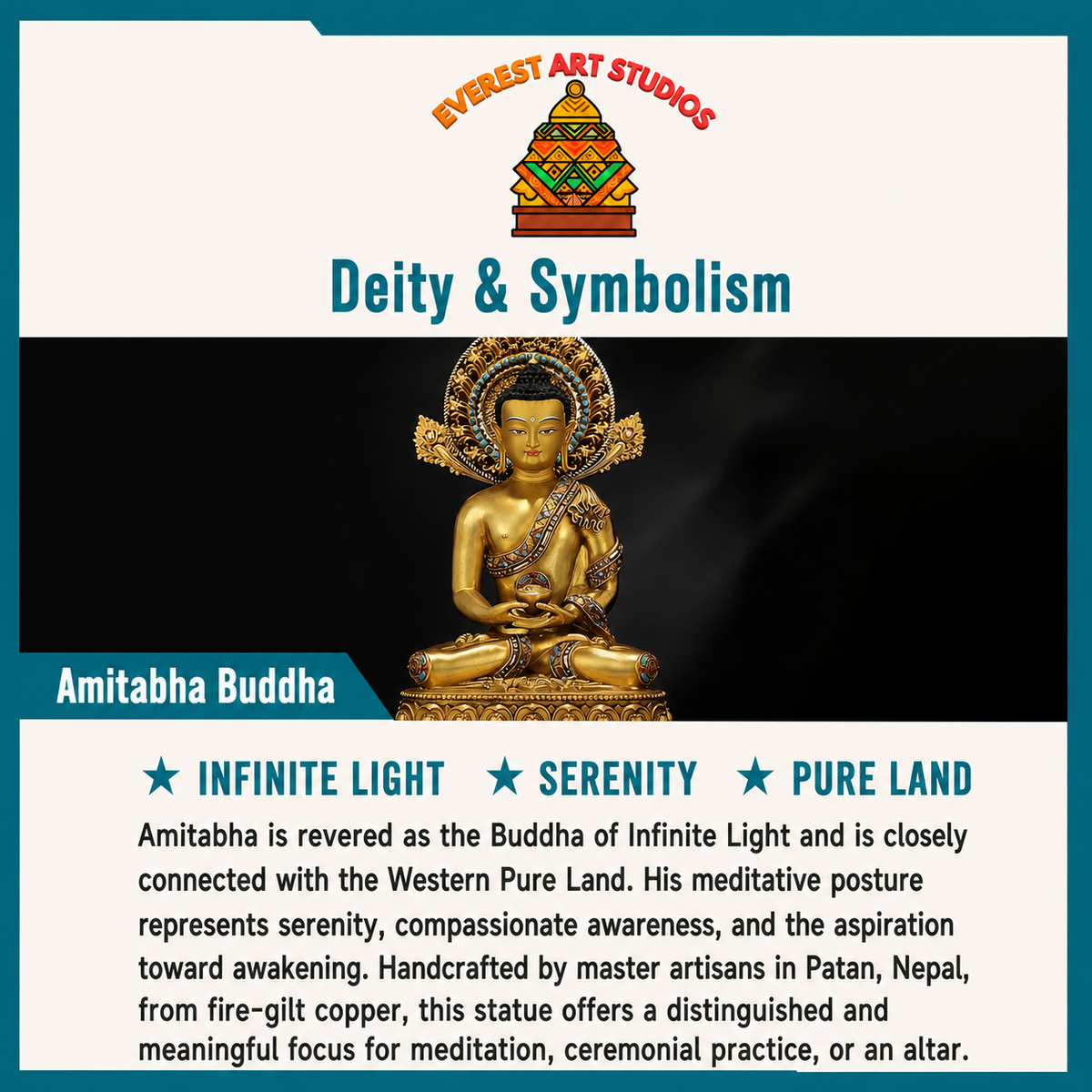 Amitabha Buddha Nepal gilt statue deity and symbolism information card