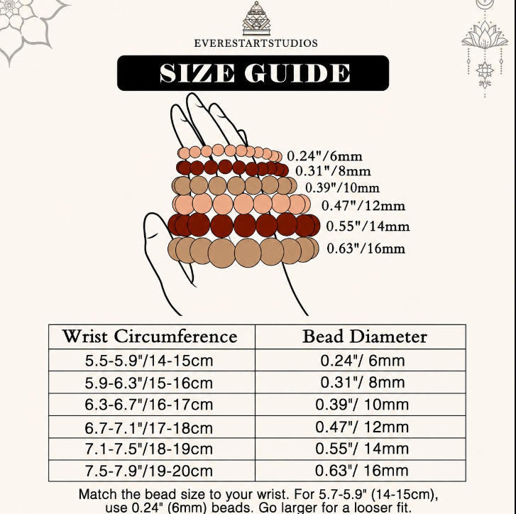 DECORATED MALA BEADS — LISTED SIZE GUIDE