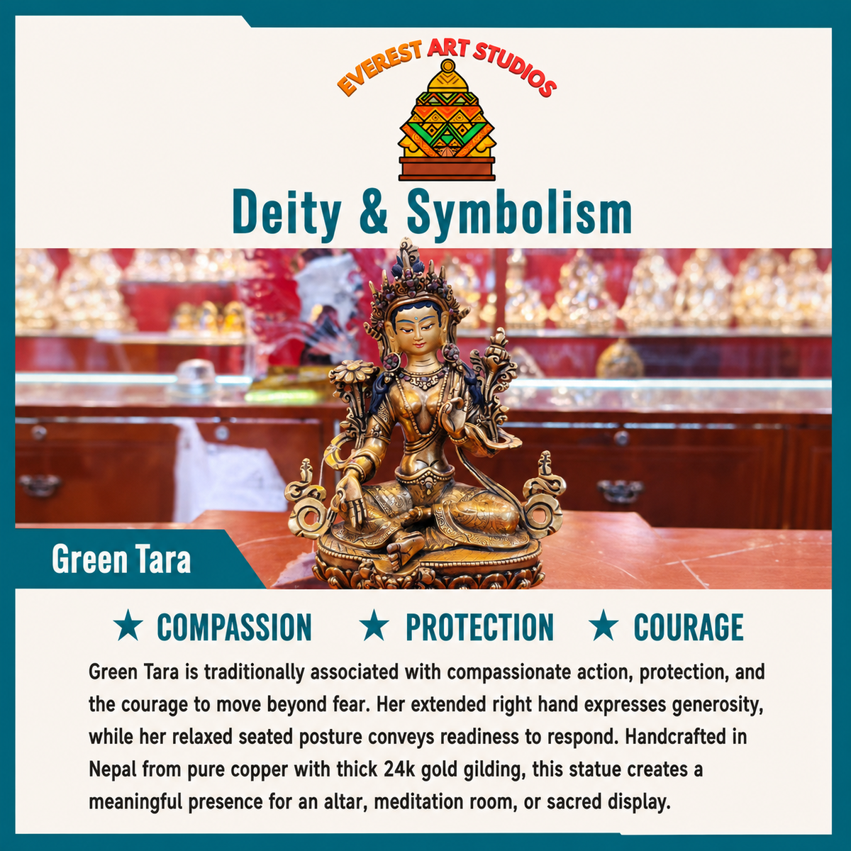 Gold-gilt Green Tara deity and symbolism information card