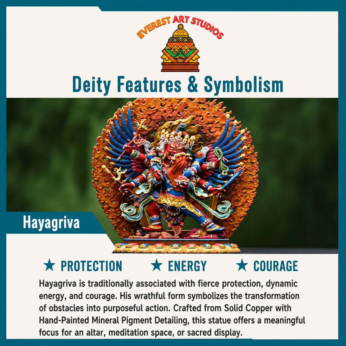 Hayagriva deity features and symbolism infographic