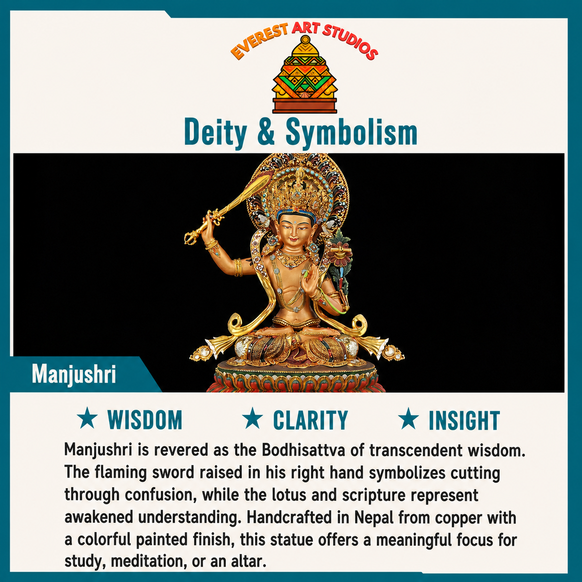 Hand-painted Manjushri deity and symbolism information card
