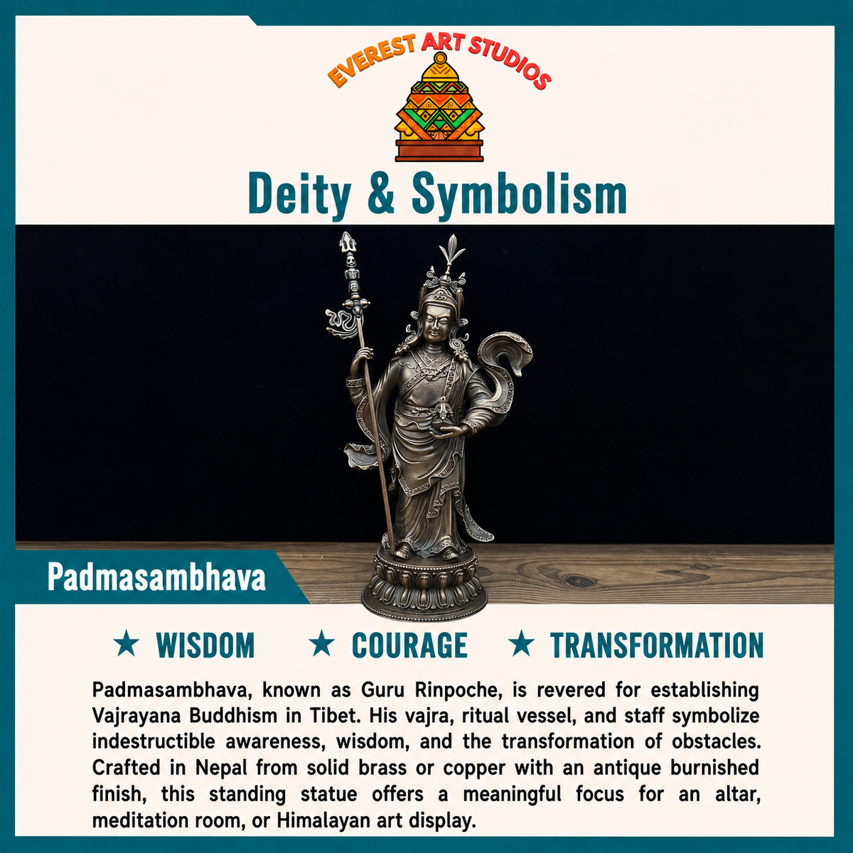Standing Padmasambhava deity and symbolism information card