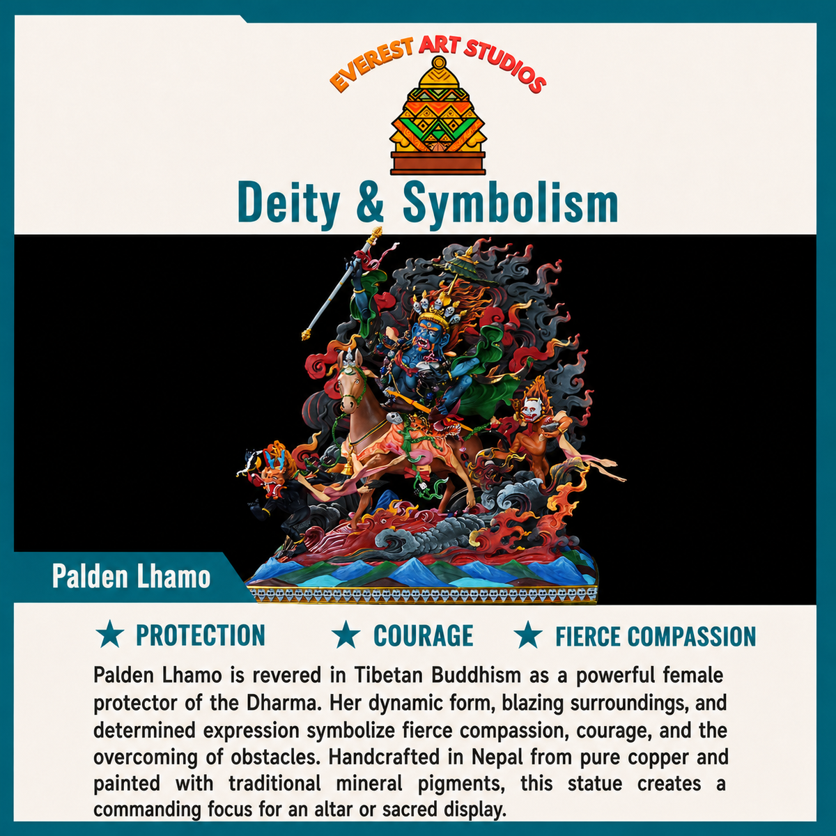 Palden Lhamo deity and symbolism information card