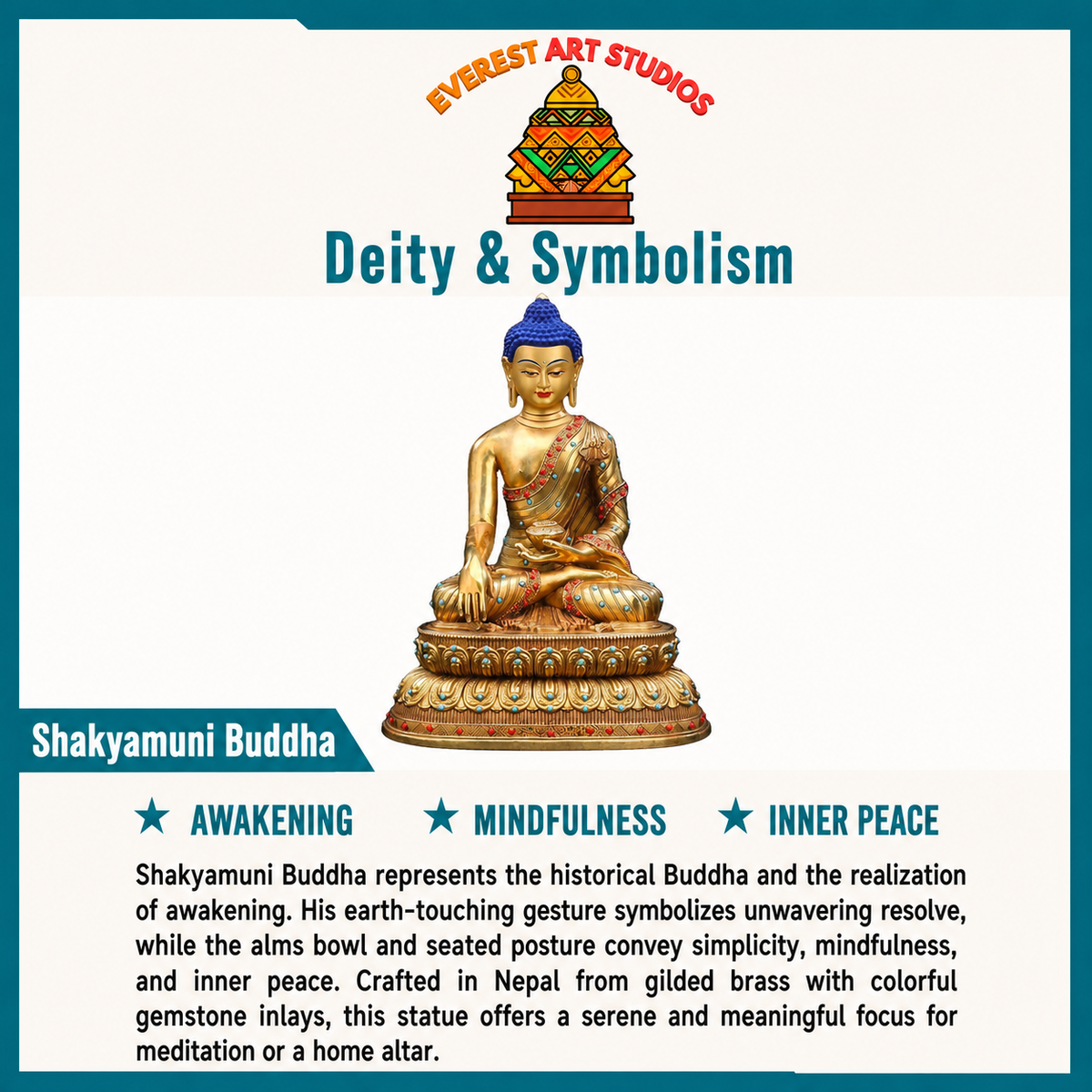 Gilded brass Shakyamuni Buddha deity and symbolism information card