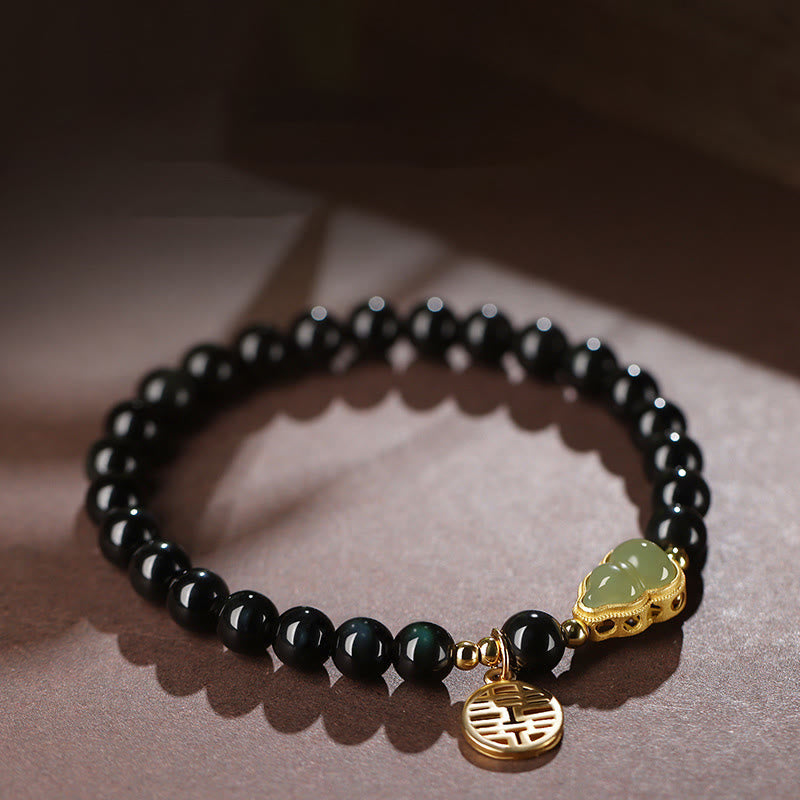 EverestArtstudios Natural Black Obsidian Hetian Jade Gourd Double Happiness Strength Bracelet