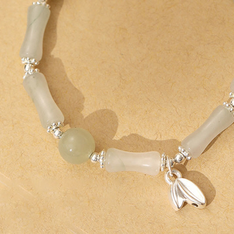 EverestArtstudios 925 Sterling Silver Natural Tianshan Jade Bamboo Charm Luck Bracelet