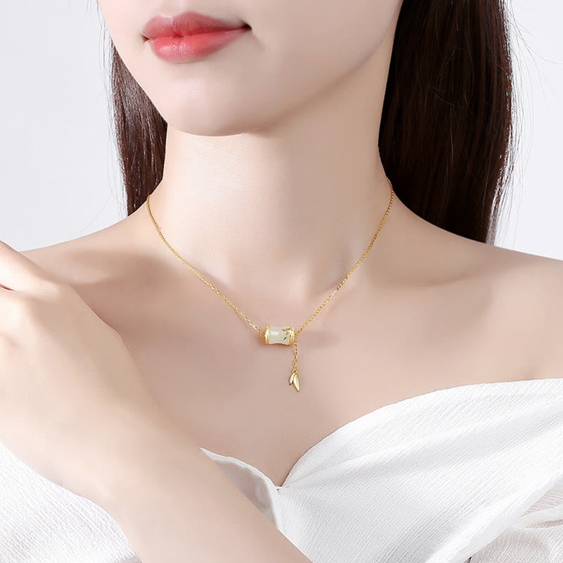 EverestArtstudios 925 Sterling Silver 22K Gold Hetian White Jade Bamboo Leaf Luck Necklace Pendant Bracelet