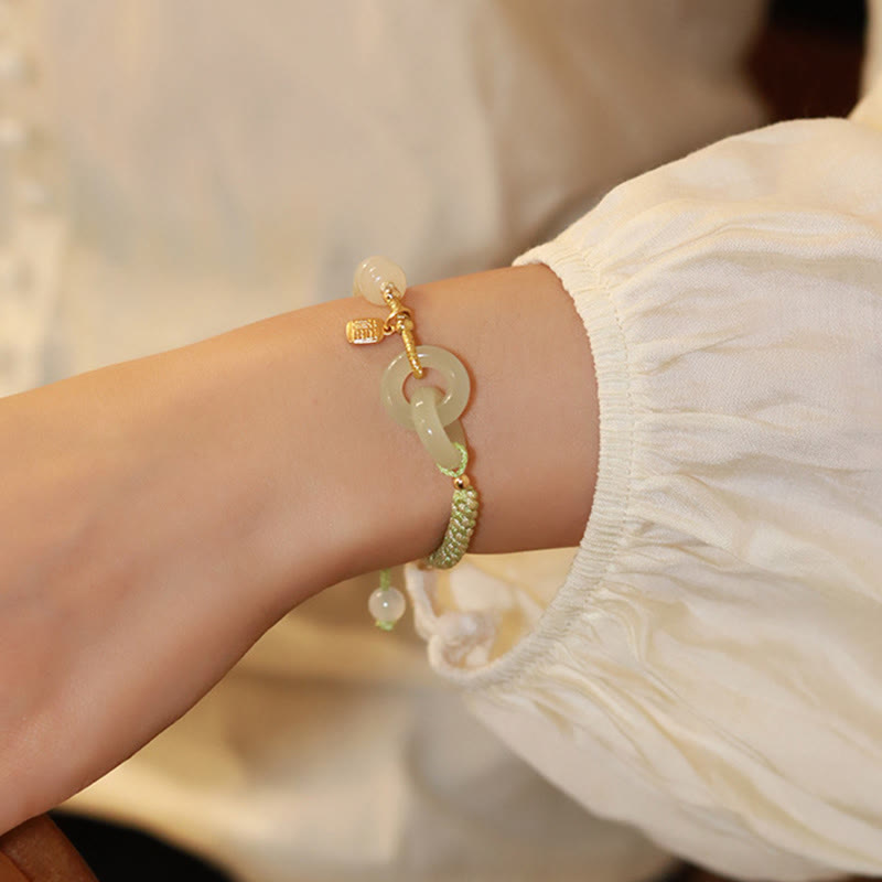 EverestArtstudios Natural Hetian Jade Bead Double Peace Buckle Fu Character Abundance Braided Bracelet