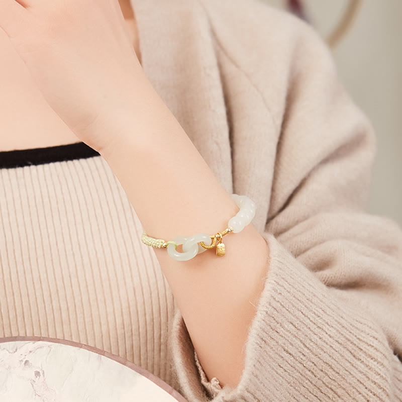 EverestArtstudios Natural Hetian Jade Bead Double Peace Buckle Fu Character Abundance Braided Bracelet