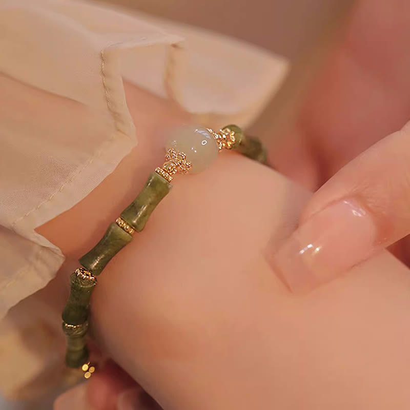 EverestArtStudios 14K 鍍銅橄欖石和田玉竹節招財手鍊