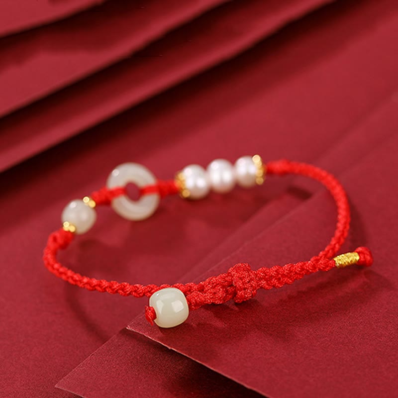 EverestArtStudios 925 Sterling Silver Plated Gold Hetian Jade Peace Buckle Pearl Luck Bracelet