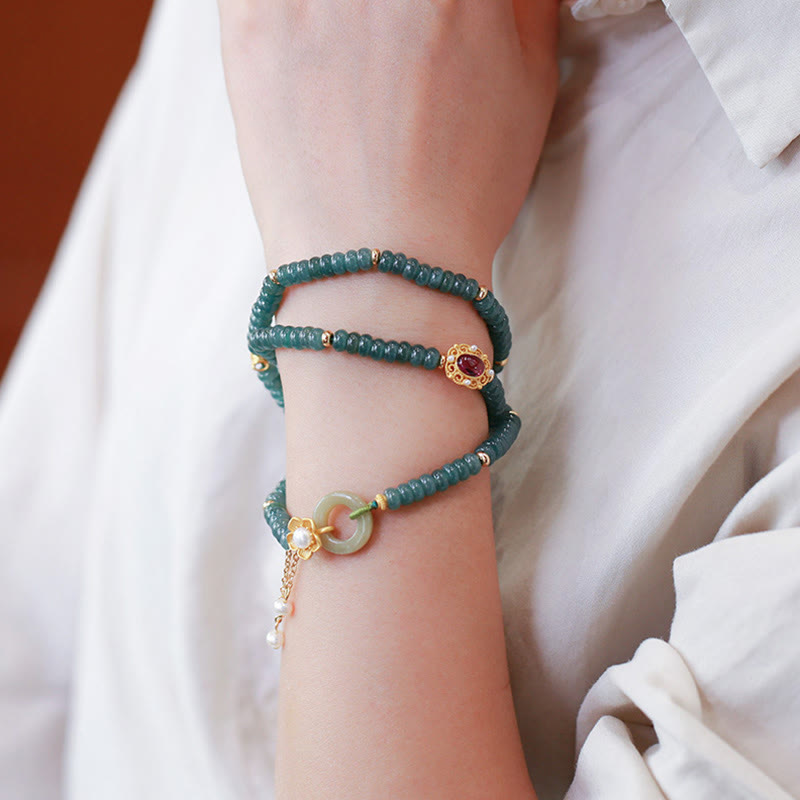 EverestArtstudios 925 Sterling Silver Gold Plated Cyan Jade Flower Peace Buckle Success Triple Wrap Bracelet