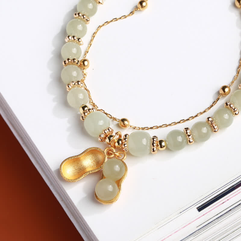 EverestArtstudios 925 Sterling Silver Natural Hetian Jade Good Things Happen Peanut Charm Bracelet