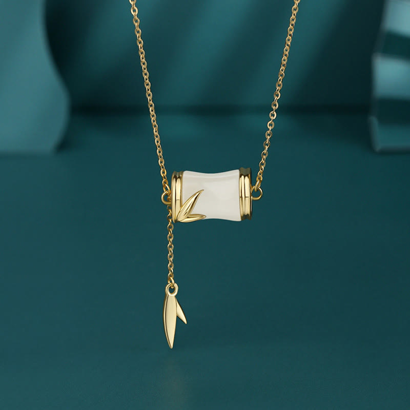 EverestArtstudios 925 Sterling Silver 22K Gold Hetian White Jade Bamboo Leaf Luck Necklace Pendant Bracelet