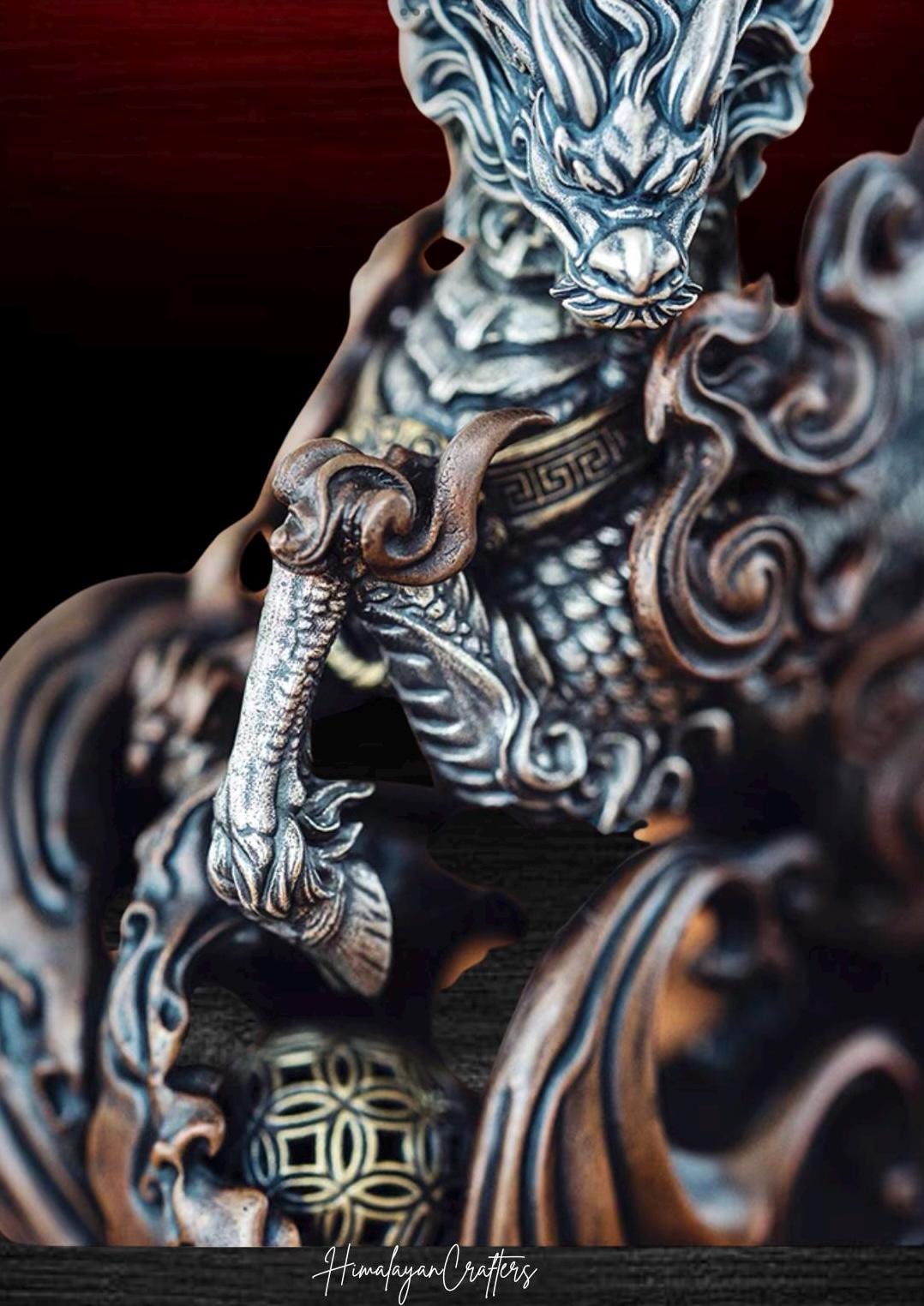 Kirin Brass Silver Statue, Tibetan Handcrafted Copper Good Fortune Protection Figurine, Office Home Decor, Unique Gift Desk Decor