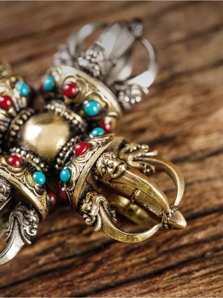 Handcrafted Cross Vajra Pendant, Nepalese Brass Filigree, Handmade Tibetan Style Colorful Beads