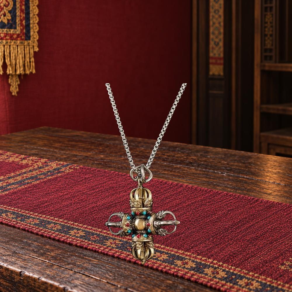 Handcrafted Cross Vajra Pendant, Nepalese Brass Filigree, Handmade Tibetan Style Colorful Beads