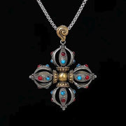 Handcrafted Cross Vajra Pendant, Nepalese Brass Filigree, Handmade Tibetan Style Colorful Beads