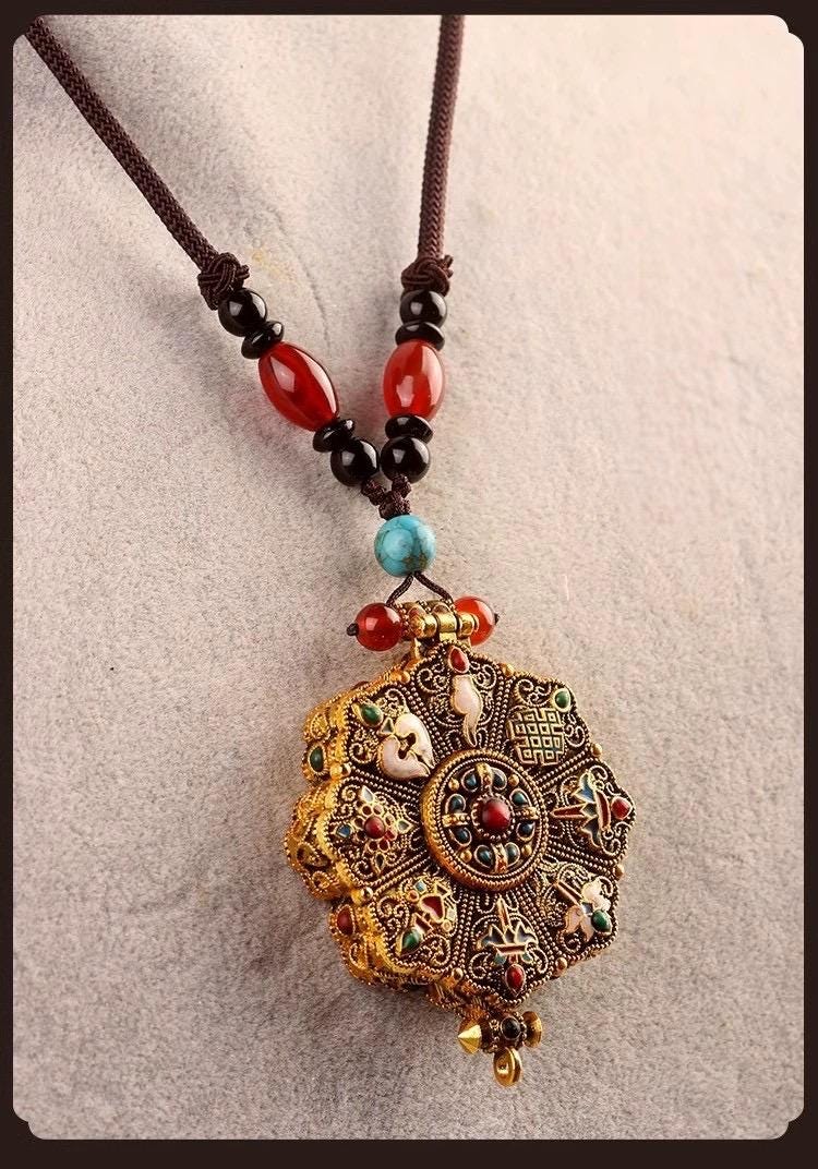 Handcrafted Tibetan Gau Prayer Box Pendant Six Syllable Lotus Eight Auspicious Symbols Handmade amulet