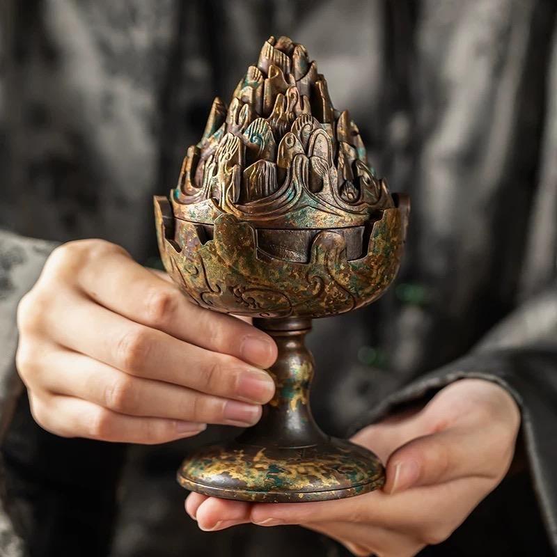 Creative Boshan Incense Burner Large Home - Use Censer for Sandalwood & Agarwood, Bronze Tea Ceremony Meditation Decor