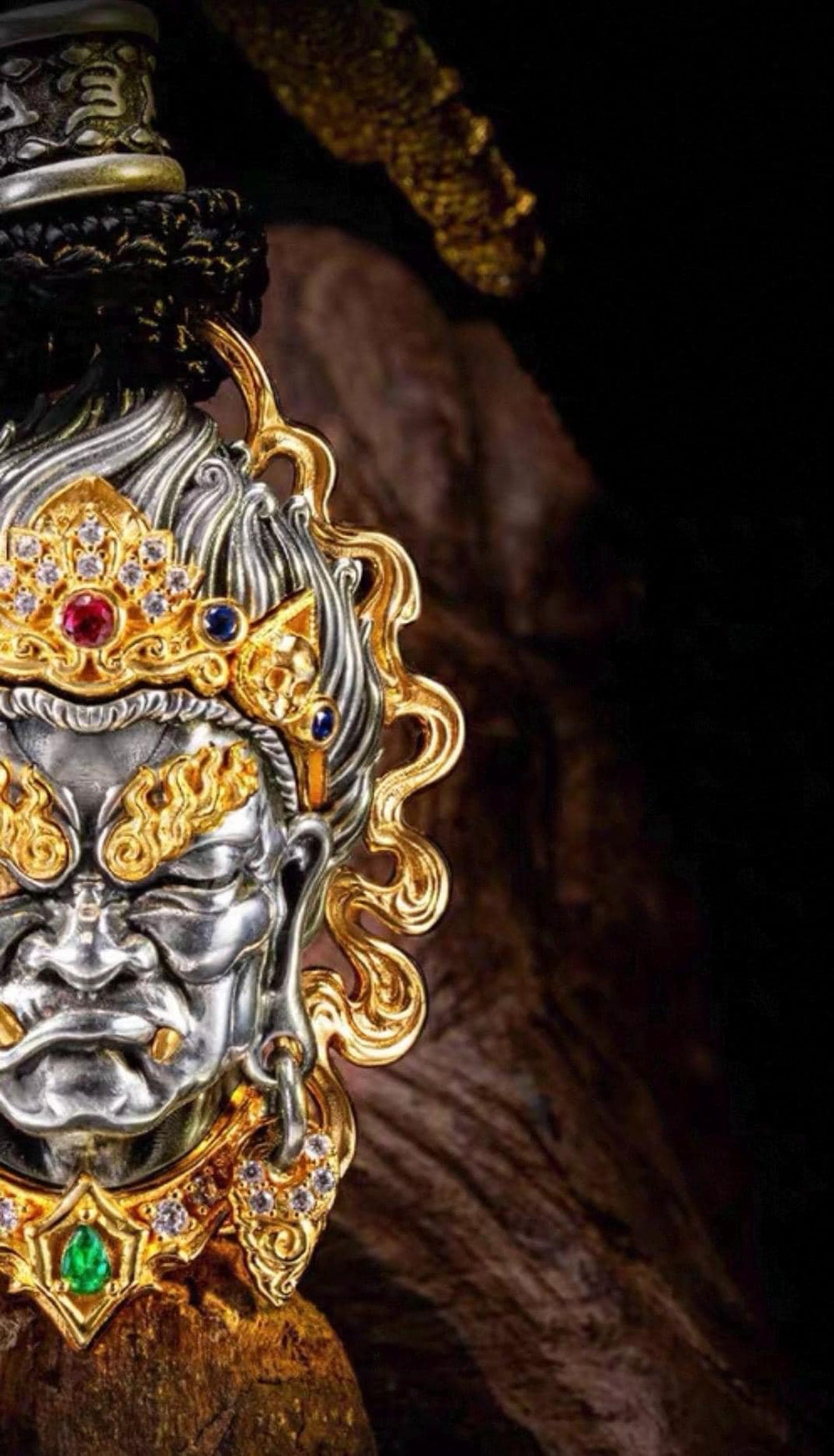 ORNATE MASK PENDANT — original source view 4; ORIGINAL CROPPED WOODEN-PROP REFERENCE