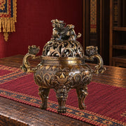 Handcrafted Zinc Incense Burner Lion, Antique-Style Suanni Lion Incense Burner, Traditional Tibetan Censer