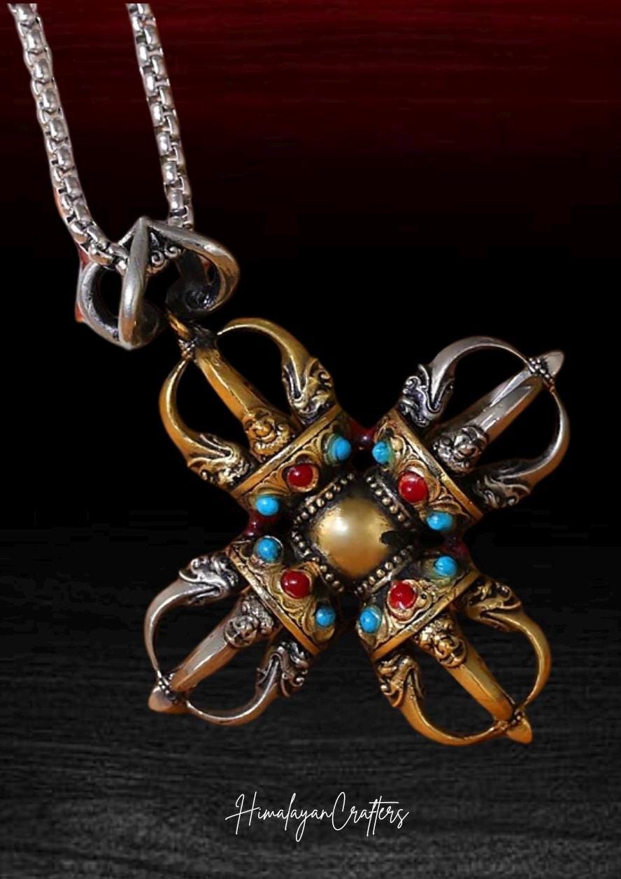 Handcrafted Cross Vajra Pendant, Nepalese Brass Filigree, Handmade Tibetan Style Colorful Beads