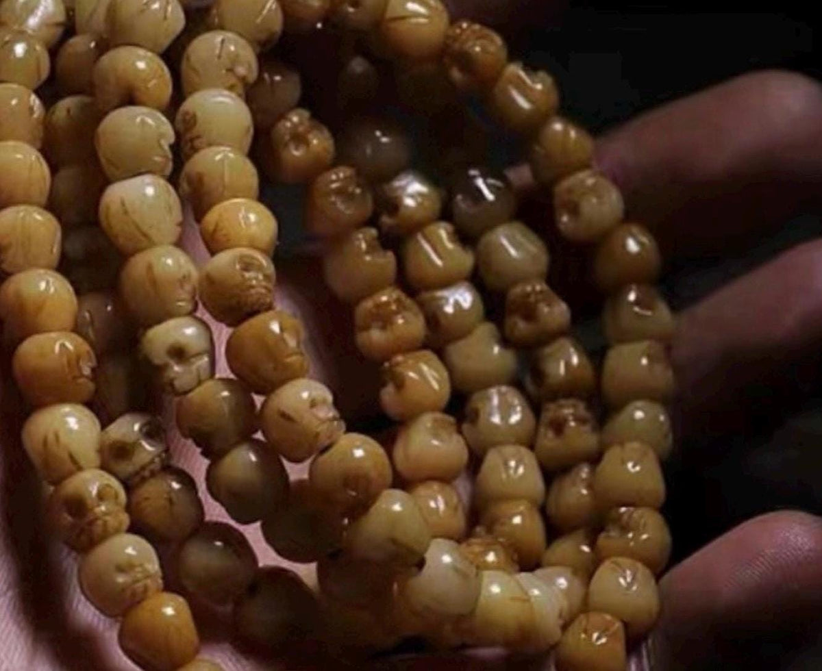 Handcrafted Tibetan Skull Shape Yak Bone Mala Bracelet, 108 Beads Buddhist Prayer Beads for Meditation, Yoga, and Spiritual Healing