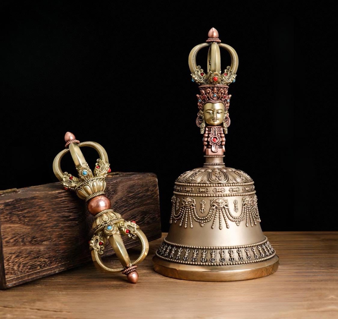 Handcrafted Tibetan Vajra Bell & Dorje Set, Brass, Spiritual Ritual Meditation Buddhist Decor Sacred Power Wisdom Symbol