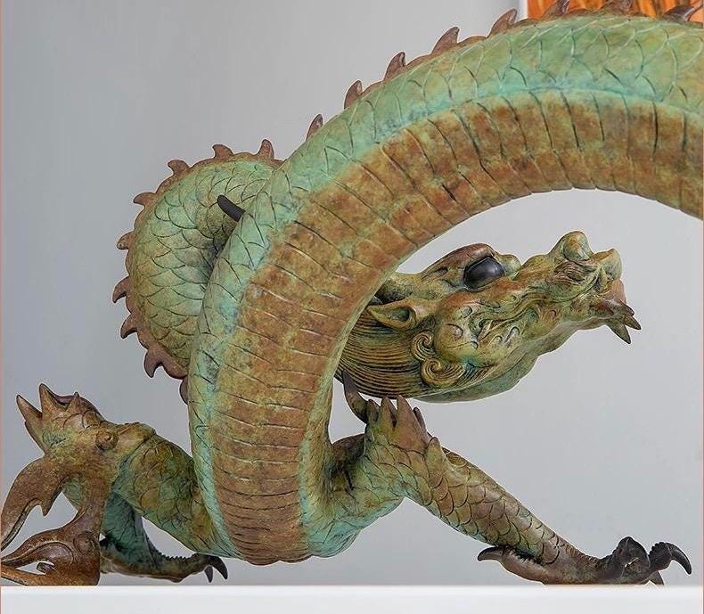 Brass Dragon Loong Statue, Tibetan Handcrafted Copper Good Fortune Protection Figurine, Office Home Decor Unique Gift Desk Decor