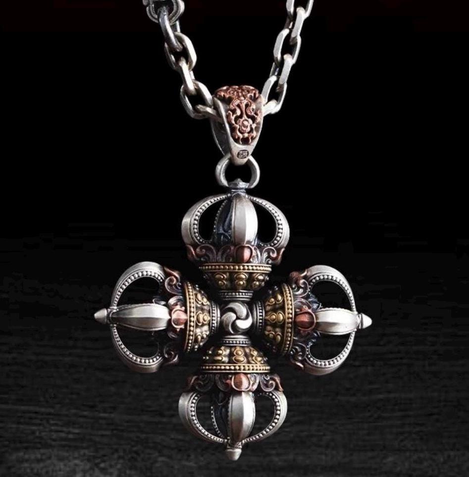 Tibetan Vajra Pendant S925 Silver Buddhist Amulet Protective Dorje Necklace Spiritual Meditation Talisman Handmade Himalayan Jewelry