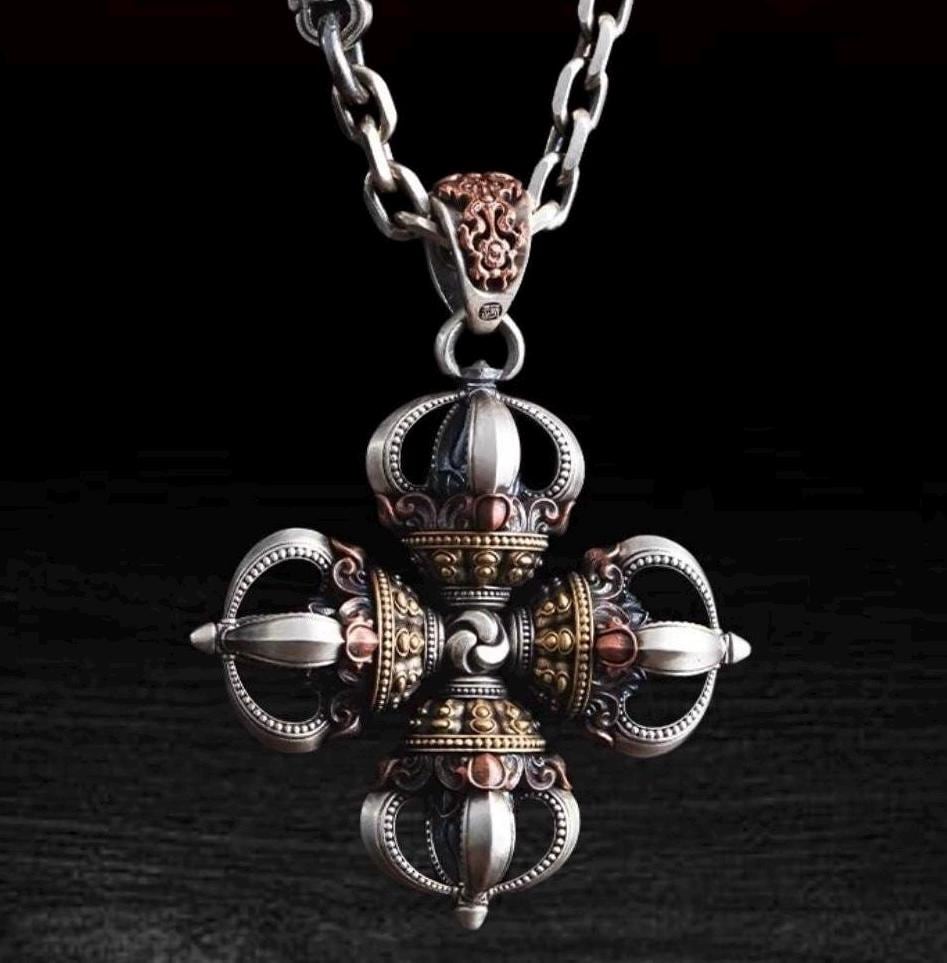 Tibetan Vajra Pendant S925 Silver Buddhist Amulet Protective Dorje Necklace Spiritual Meditation Talisman Handmade Himalayan Jewelry