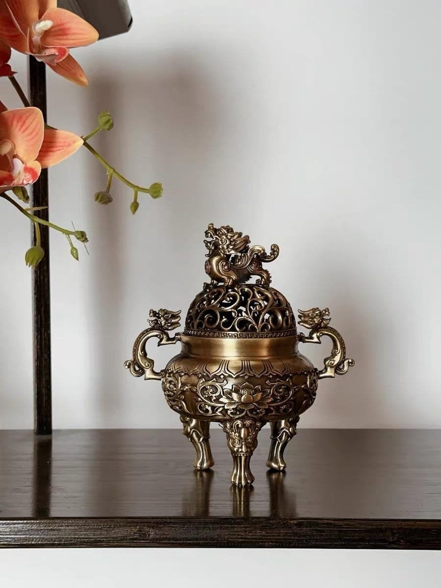 Handcrafted Zinc Incense Burner Lion, Antique-Style Suanni Lion Incense Burner, Traditional Tibetan Censer