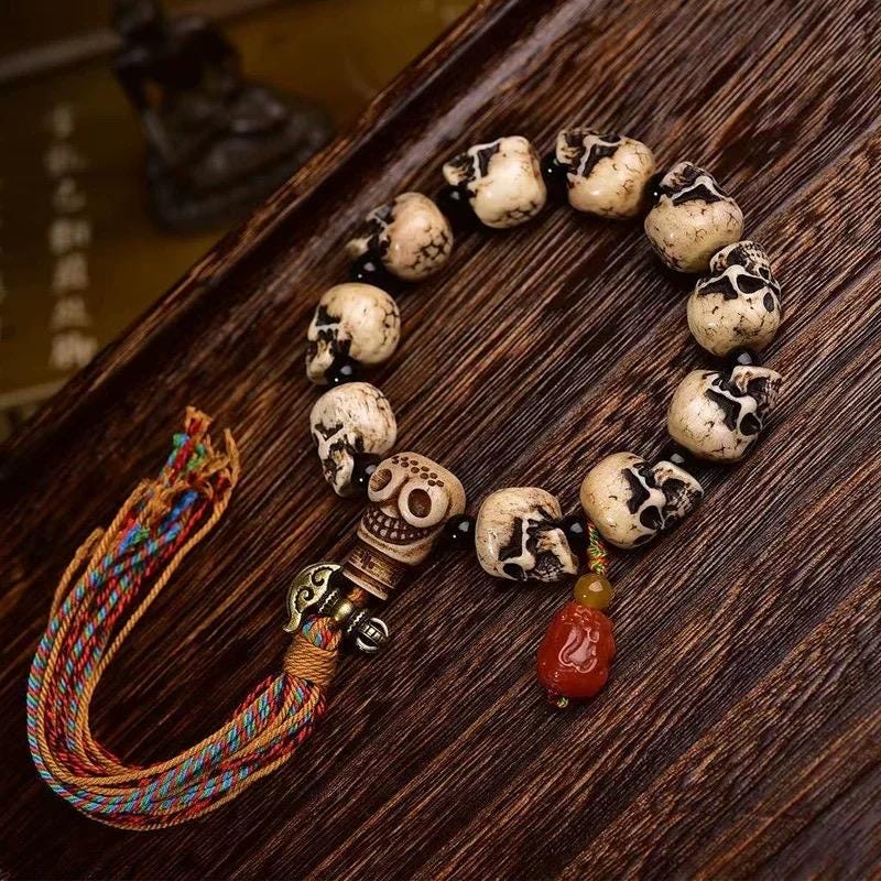 Handcrafted Tibetan Skull Mala Bracelet Camel Bone Amulet Beads