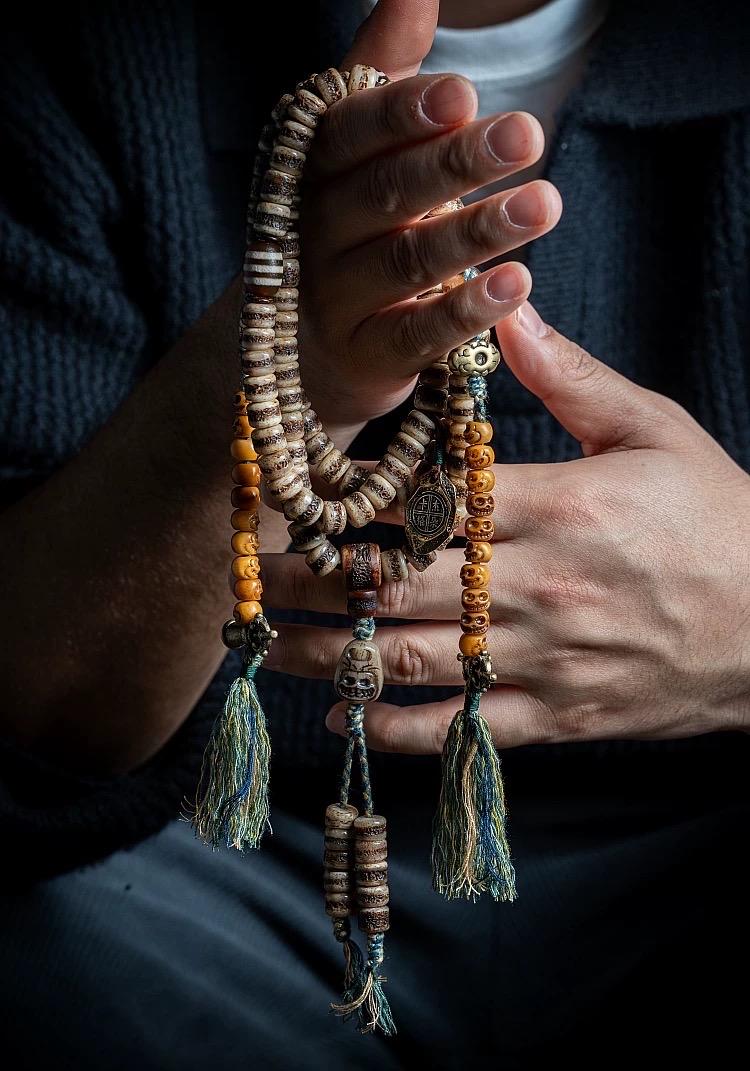 Handcrafted Tibetan Yak Bone Mala Bracelet, 108 Beads Buddhist Prayer Beads for Meditation, Yoga, and Spiritual Healing, Tibetan Jewelry