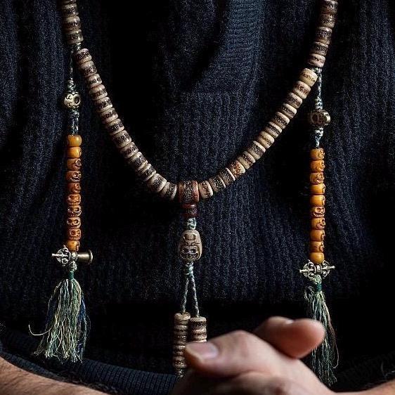 Handcrafted Tibetan Yak Bone Mala Bracelet, 108 Beads Buddhist Prayer Beads for Meditation, Yoga, and Spiritual Healing, Tibetan Jewelry