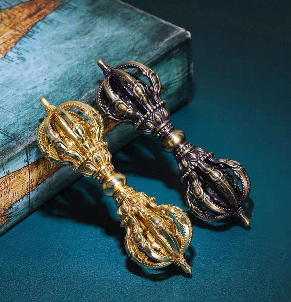Handcrafted Tibetan Brass Phurba Vajra Nine-Pronged Ritual Dagger Gold & Antique Finish