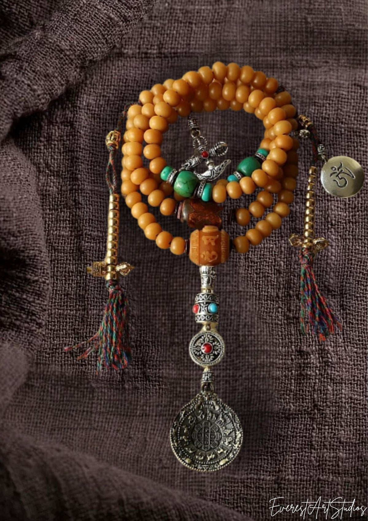 Handcrafted Bodhi Root Mala Beads, 108 Tibetan Prayer Beads Necklace Bracelet with Agate, Spiritual Meditation Jewelry