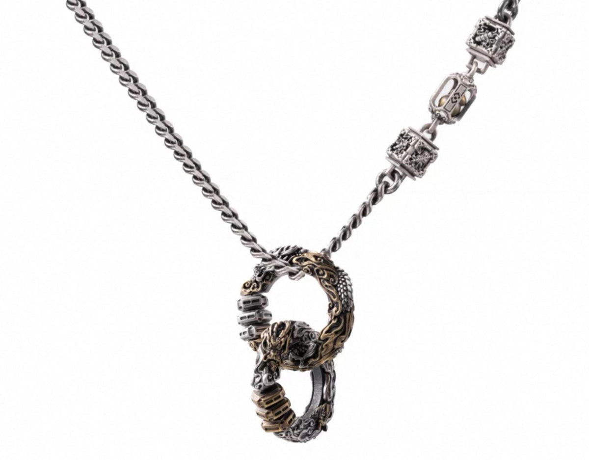 Handmade Daoist Heaven-Earth Circle Pendant, Silver & Brass Amulet Necklace with Red Zircon, Green Chalcedony