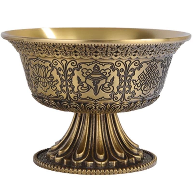 Handcrafted Tibetan Brass Offering Bowl with Eight Auspicious Symbols High-Footed Water Cup for Altar Ritual Use